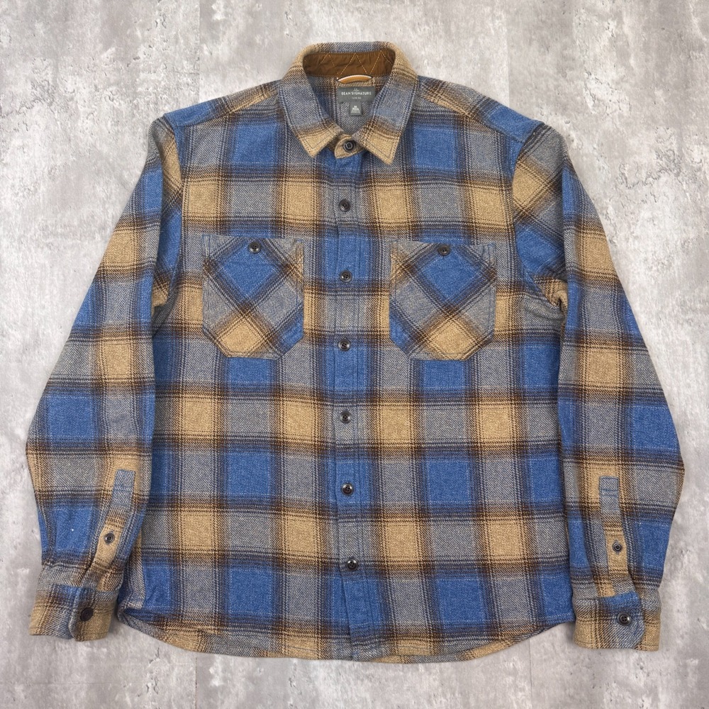 LL Bean Signature Flannel Shirt Mens Medium Blue Tan Long Sleeve Button Granola